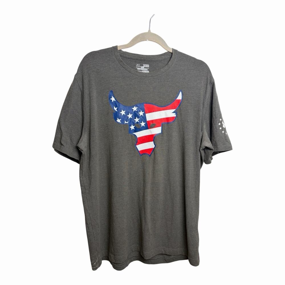 Under Armour Project Rock USA Bull Flag HeatGear Gray T-Shirt Men’s XL Loose